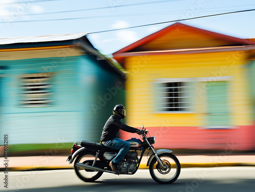 : A dynamic image of a motorcycle rider speeding down a street with colorful houses in the background. The rider, wearing a helmet and a black jacket, is captured in motion photo