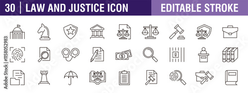 Collection of justice icons. Law, firm, criminal, court. Vector design template, signs, symbols, editable stroke.