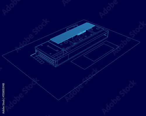 Blue drawing of a building with a blue roof. The building is shown in a 3D format