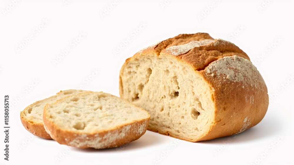 Freshly Baked Artisan Bread Loaf with Slices on a Clean Background Freshly Baked Artisan Bread Loaf with Slices on a Clean Background