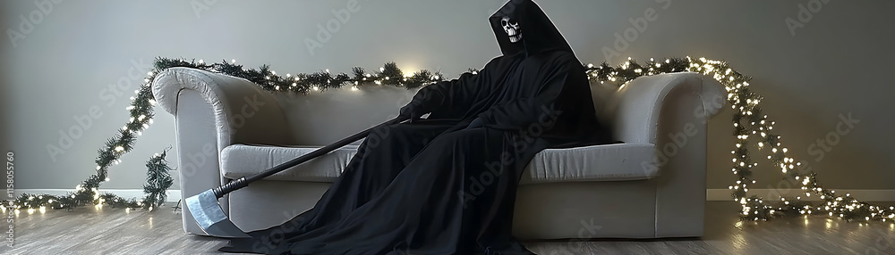 Grim Reaper on a Sofa during Festive Season: A Dark Holiday Illustration Grim Reaper on a Sofa during Festive Season: A Dark Holiday Illustration
