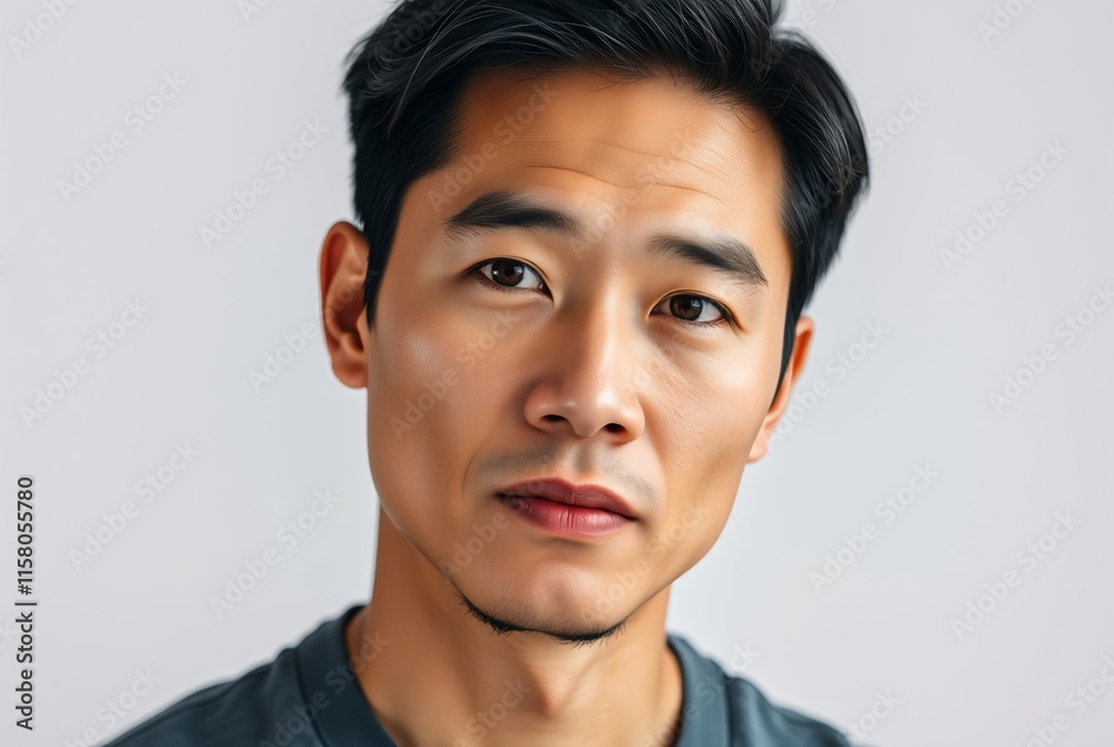 Studio Portrait of a Thoughtful Asian Man with Short Black Hair and Neutral Expression Studio Portrait of a Thoughtful Asian Man with Short Black Hair and Neutral Expression