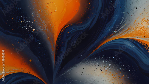 An abstract artistic depiction of bubbles merging into marble-like textures, featuring a gradient background that transitions from deep indigo to a glowing sunset orange, with streaks of metallic silv photo