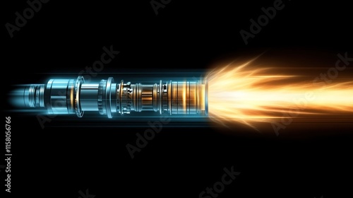 Rocket propulsion system igniting power space digital art black background close-up innovation