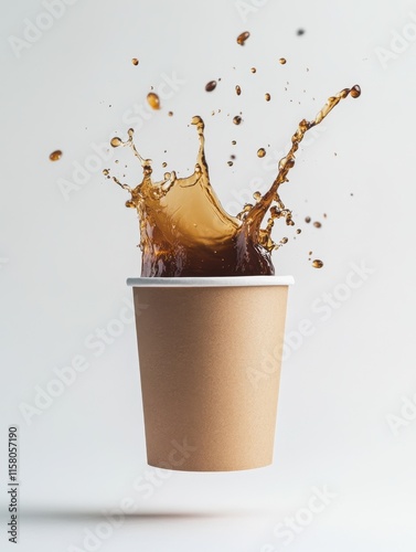 A blank brown paper coffee cup floating with liquid coffee splash mockup on white background