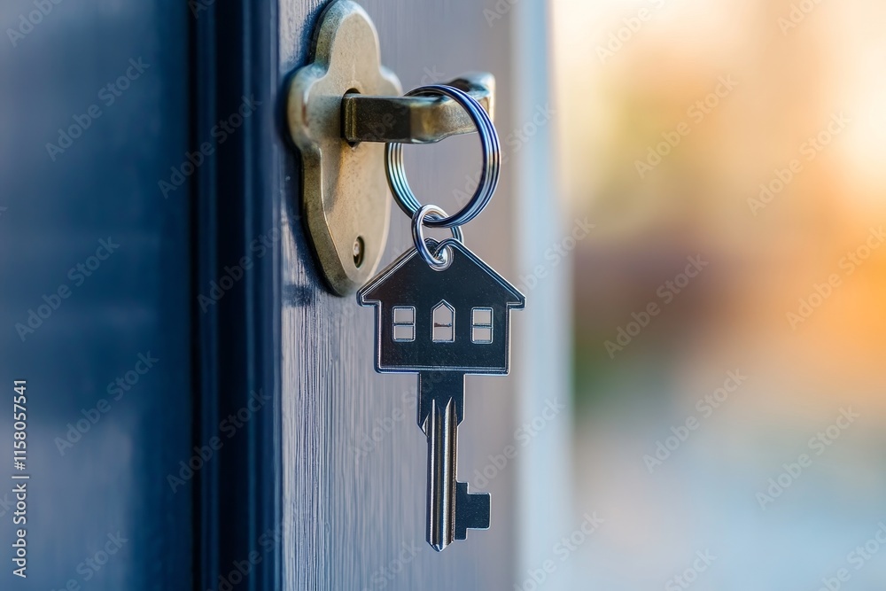 House key in blue door lock. House key in blue door lock.