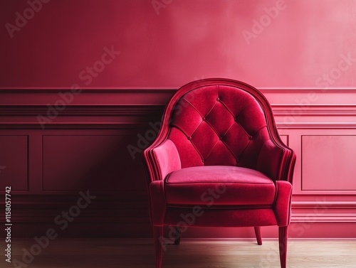 Crimson velvet armchair against a crimson wall with wainscoting. photo