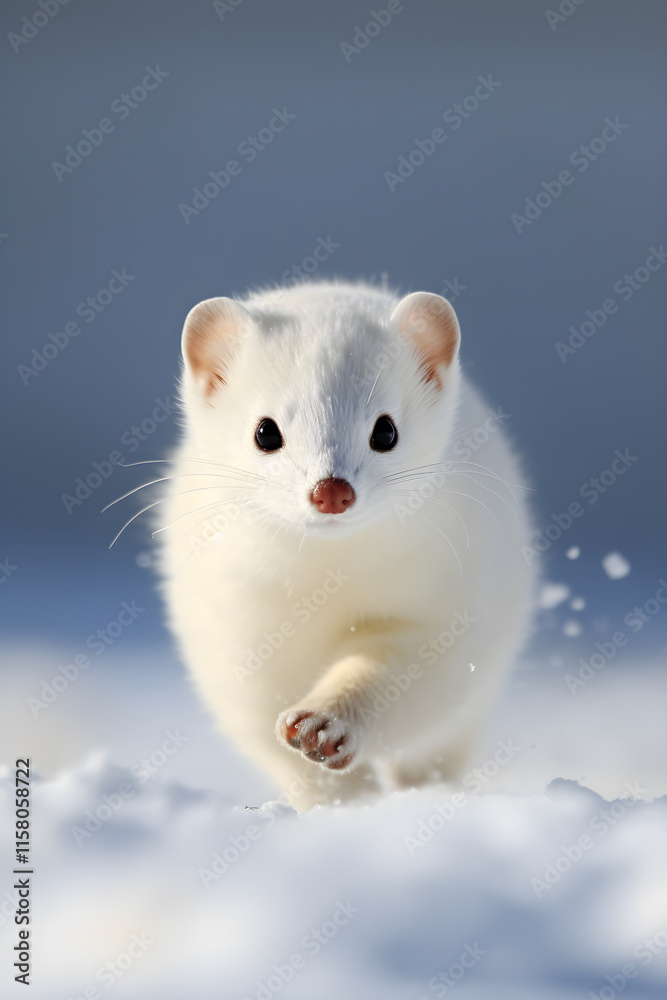 A Delicate Sprint in the Snow: Winter White Ermine Captured in a Snowy Landscape A Delicate Sprint in the Snow: Winter White Ermine Captured in a Snowy Landscape
