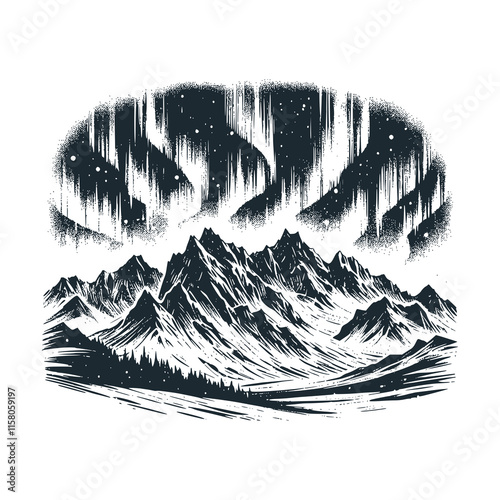  The Aurora Borealis. Black white vector illustration. 