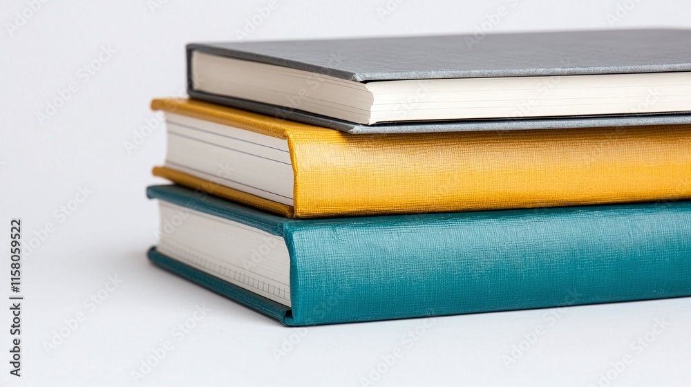 Stack of three hardcover books in teal, mustard, and gray. Stack of three hardcover books in teal, mustard, and gray.