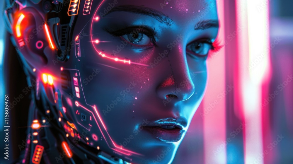 close up of cyberpunk woman with network on her face close up of cyberpunk woman with network on her face
