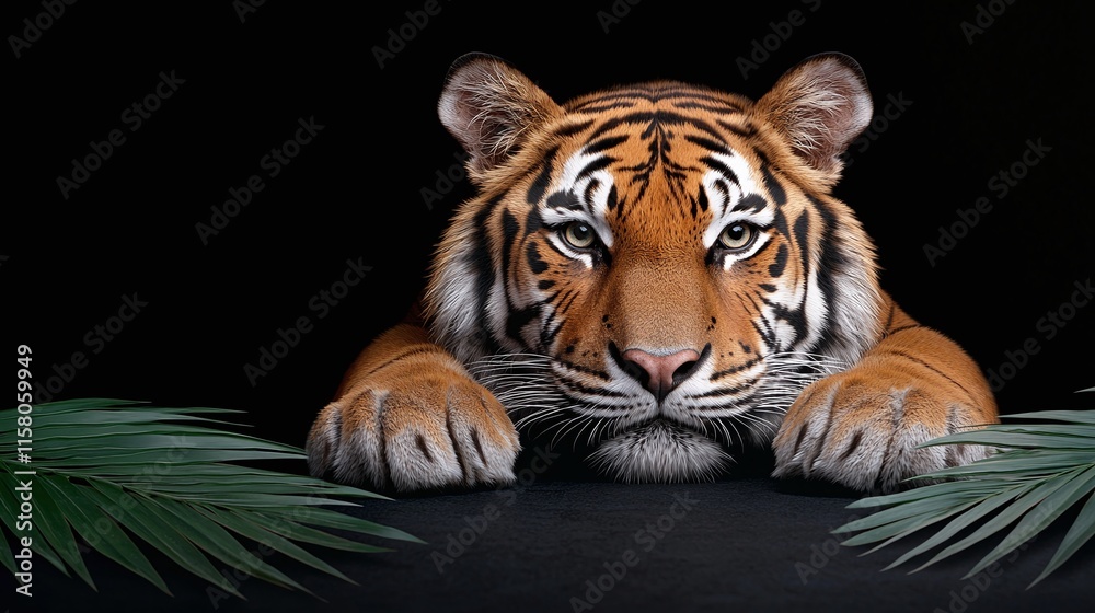 Majestic tiger portrait with palm fronds, isolated on black background. Majestic tiger portrait with palm fronds, isolated on black background.