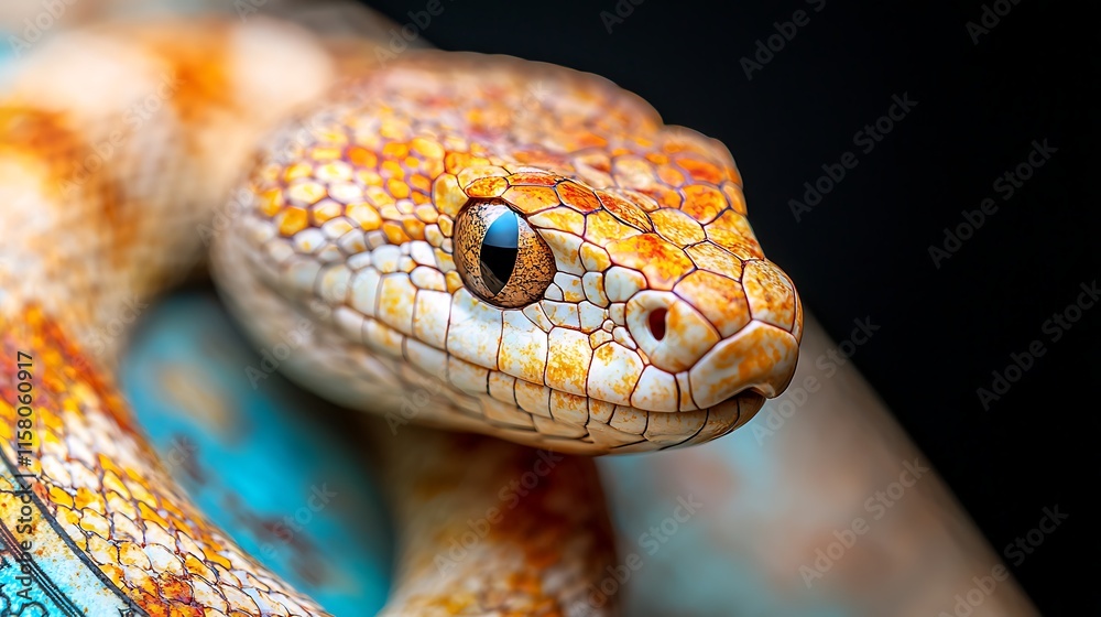 Close-up of a vibrant orange and white snake with intricate scales, dark background. Close-up of a vibrant orange and white snake with intricate scales, dark background.