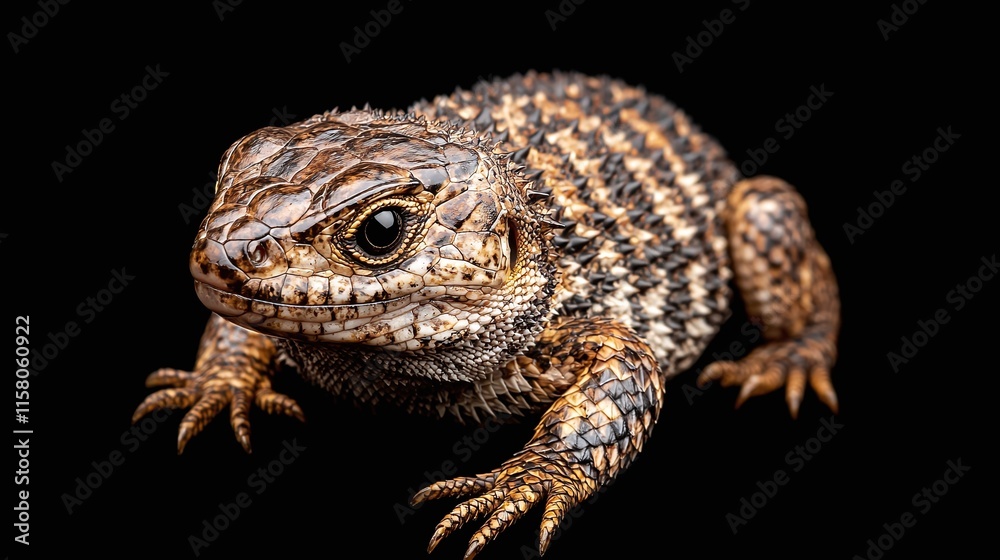 Fototapeta premium Close-up of a small brown lizard with dark markings on a black background.