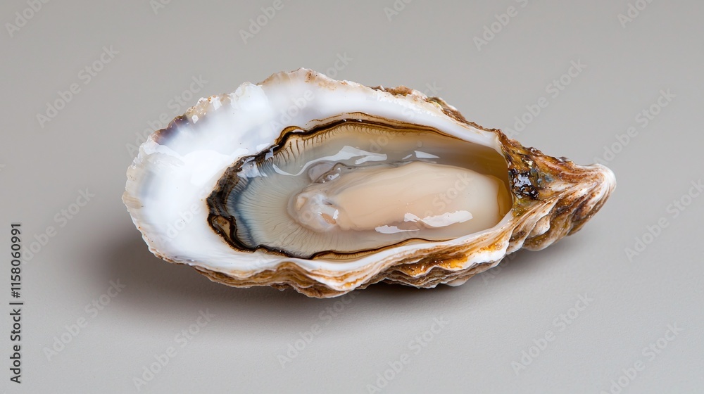 Close-up of a single fresh oyster on a neutral background. Close-up of a single fresh oyster on a neutral background.