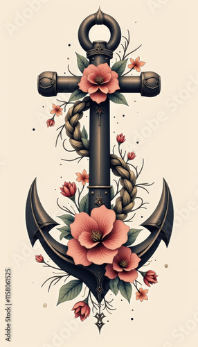 Floral anchor tattoo design featuring roses and rope elements photo