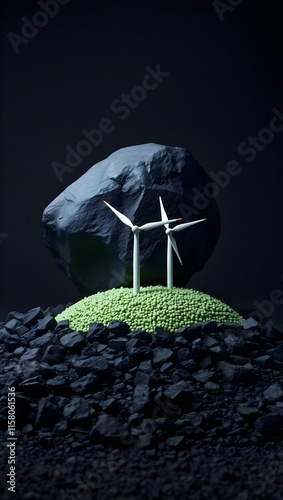 Coal vs wind turbine; background, fossil fuels vs renewable energy, wallpaper  photo