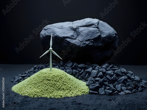 Coal vs wind turbine; background, fossil fuels vs renewable energy, wallpaper  photo