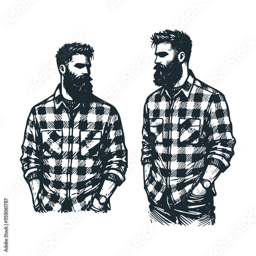 The Beard man Lumberjack. Black white vector illustration.
