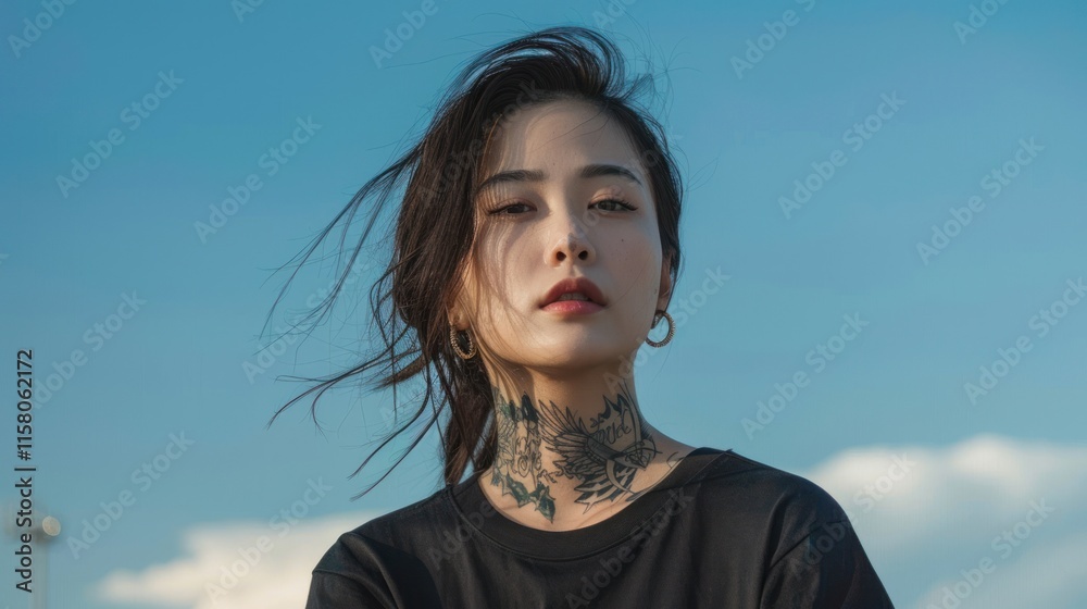 portrait of young asian woman with tattoo and black clothes. portrait of young asian woman with tattoo and black clothes.