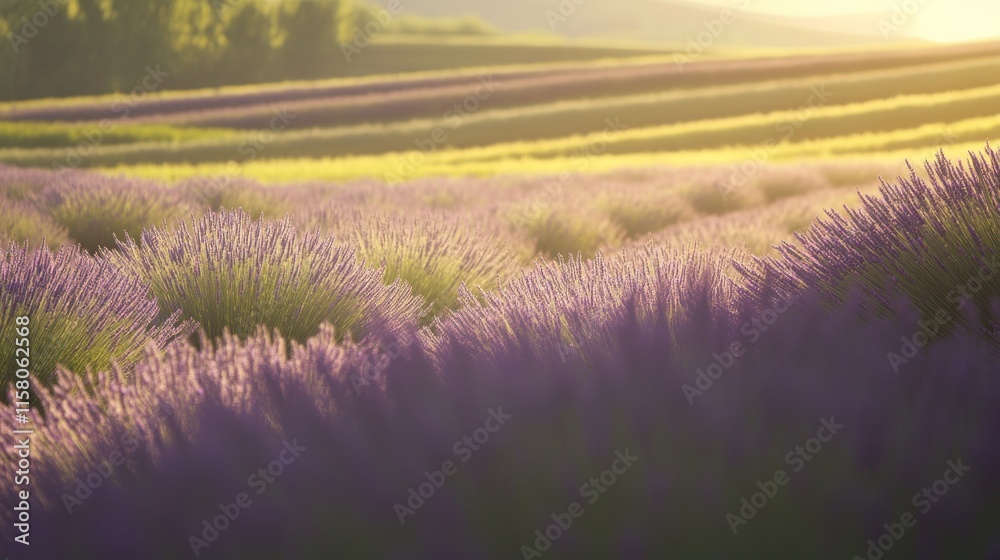 Obraz premium Golden Hour Lavender Fields: A Serene Sunset in Provence