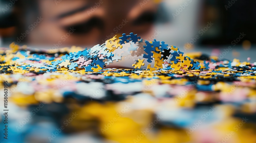 Obraz premium Colorful Puzzle Pieces Spread on a Table with a Blurred Background