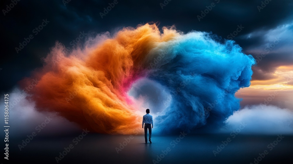 A figure stands before a vibrant, swirling cloud of color, symbolizing creativity and imagination. A figure stands before a vibrant, swirling cloud of color, symbolizing creativity and imagination.