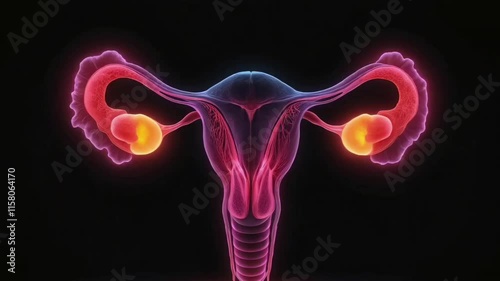 human female reproductive system on black background. Neon uterus and ovaries. Uterus, Female reproductive system anatomy, Women uterus and ovary icon, Animated Motion Graphic Video 