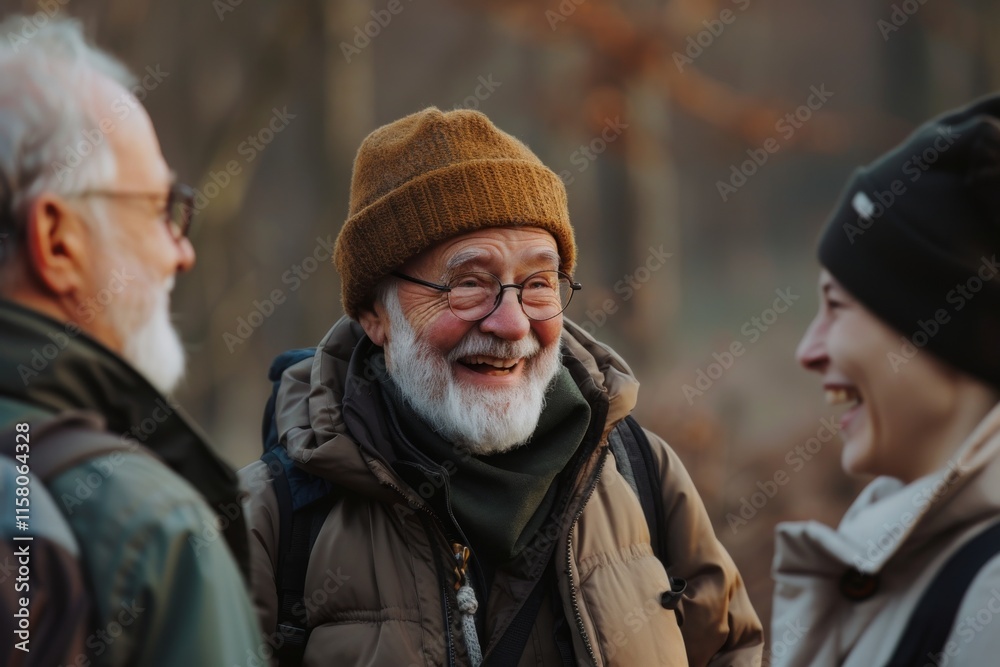 Group of senior friends walking in autumn park. They are talking and laughing. Group of senior friends walking in autumn park. They are talking and laughing.