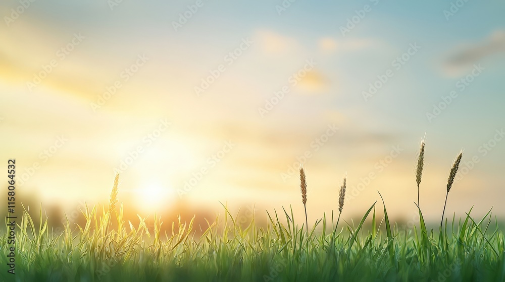 Fototapeta premium Serene Sunrise Over Wheat Field with Gentle Breeze