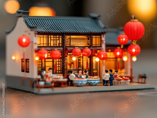 A miniature model of a traditional Asian building adorned with red lanterns, depicting a lively market scene with people enjoying food and socializing. photo