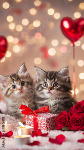 Valentine’s Day Scene with a Red Rose and Heart-Shaped Confetti, kitten