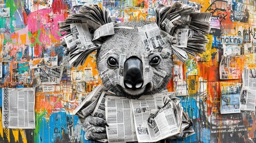 Creative Koala Sculpture Made from Newspaper on Vibrant Background photo