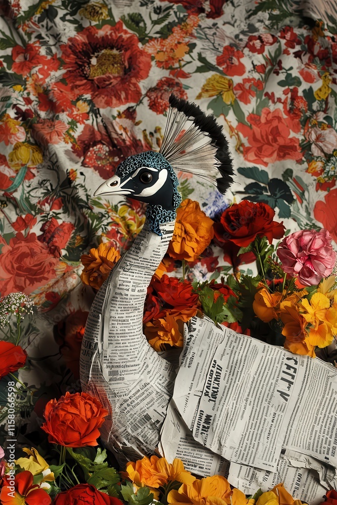 Naklejka premium Artistic Paper Peacock Surrounded by Colorful Floral Arrangement