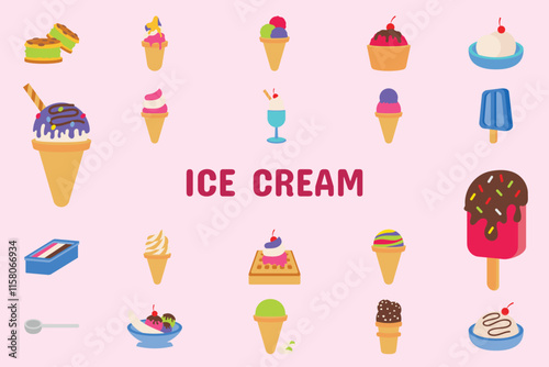 Ice Cream Flat Vector Illustration Icon Sticker Set Design Materials