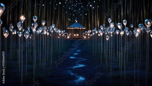 A serene pathway illuminated by glowing orbs leads to a gazebo, surrounded by a tranquil forest atmosphere, creating a magical and inviting scene.