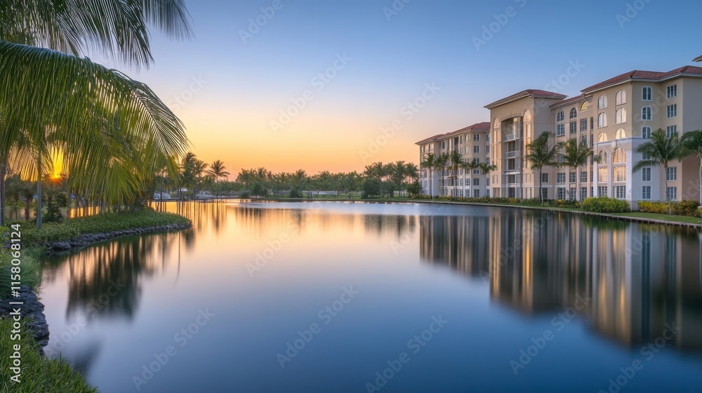 Obraz premium Scenic Waterfront with Luxury Amenities at Sunset
