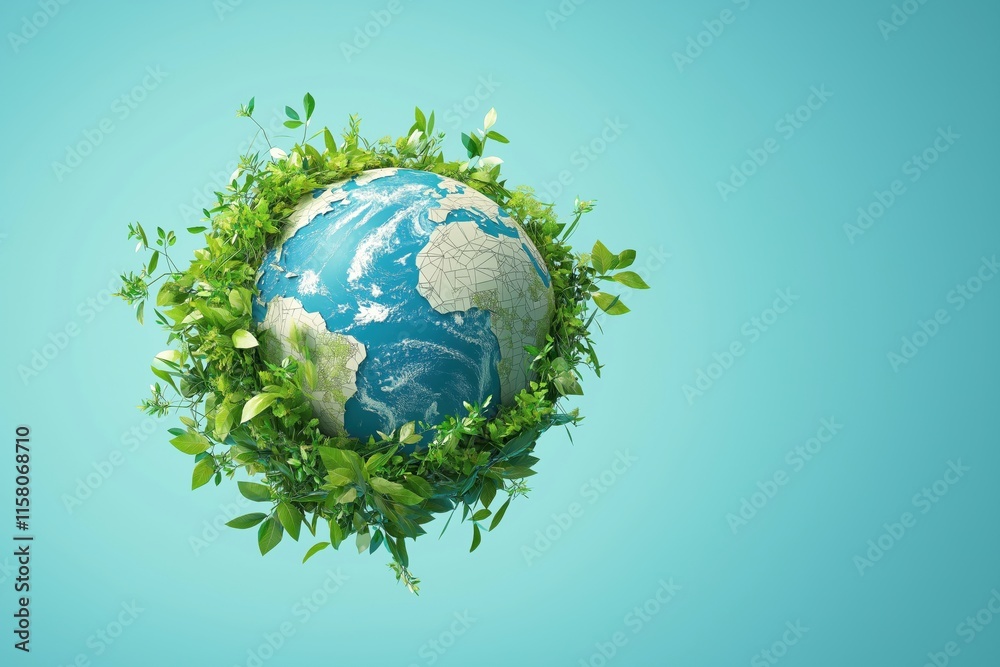 Earth Embraced by Lush Green Foliage on Turquoise Background Earth Embraced by Lush Green Foliage on Turquoise Background