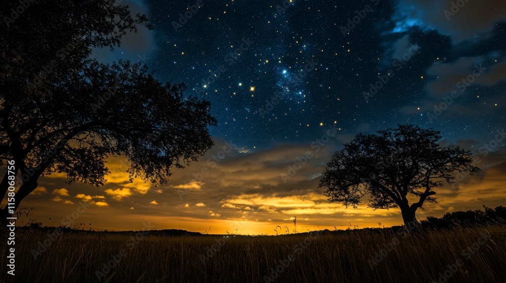 Starry night sky over a tranquil landscape nature photography evening scene peaceful atmosphere wide-angle viewpoint Starry night sky over a tranquil landscape nature photography evening scene peaceful atmosphere wide-angle viewpoint