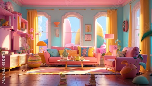 Inviting 3d semi cartoon illustration pink modern living room  photo