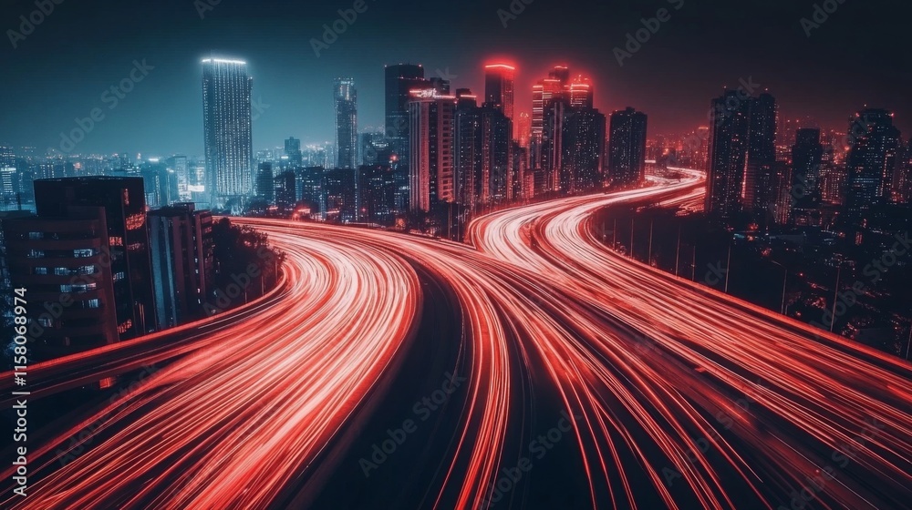Fototapeta premium Twilight City Lights with Moody Overpasses and Reflections