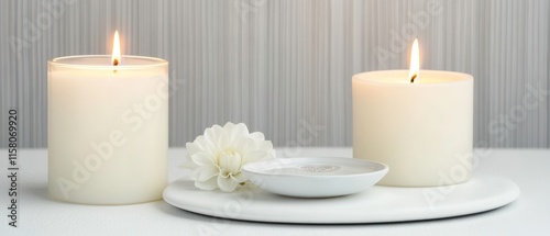 The image features two lit white candles beside a decorative flower and a small dish on a smooth surface, creating a serene and calming atmosphere ideal for relaxation or meditation.