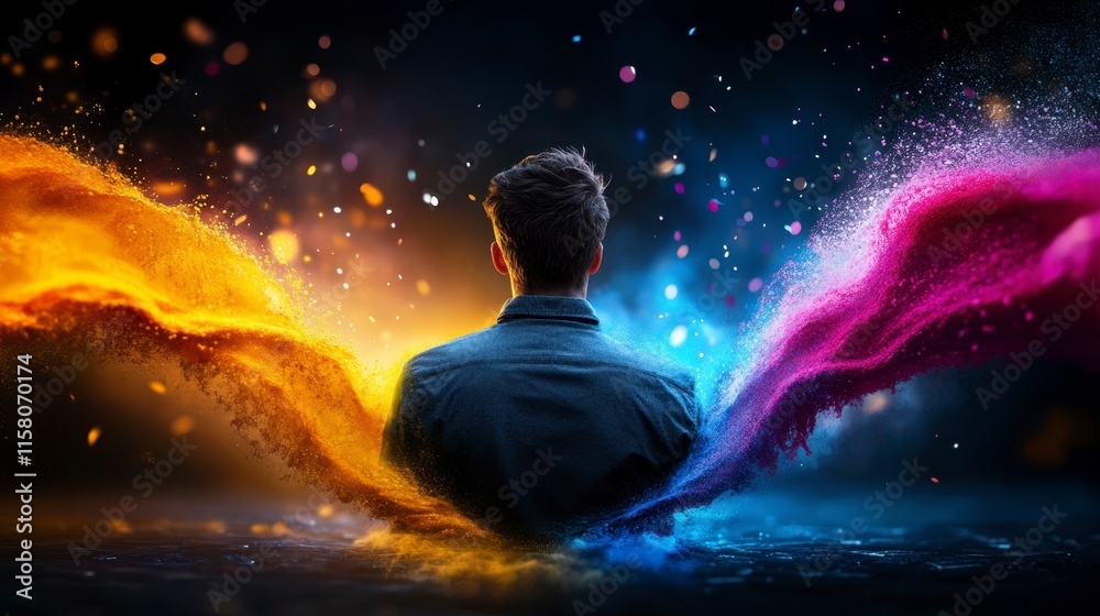 A person viewed from behind, surrounded by vibrant, colorful splashes representing creativity. A person viewed from behind, surrounded by vibrant, colorful splashes representing creativity.