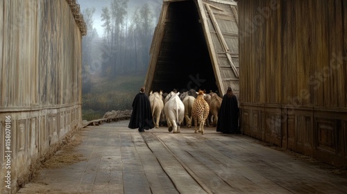 Flood and sanctuary - The story of Noah ark, sheltering animals from storm, capturing themes of refuge, coexistence, with a focus on Noah role in preserving life through divine mission. photo