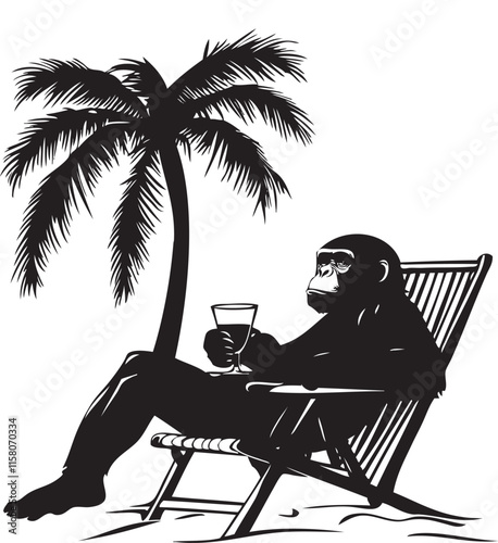 Photography monkey holding wine glass sitting in the beach