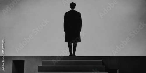 A solitary figure stands on steps against a stark, minimalistic background, evoking themes of contemplation and introspection. The monochrome palette enhances the dramatic atmosphere.