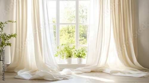 Serene Sunlight Streaming Through Sheer Curtains and Plants