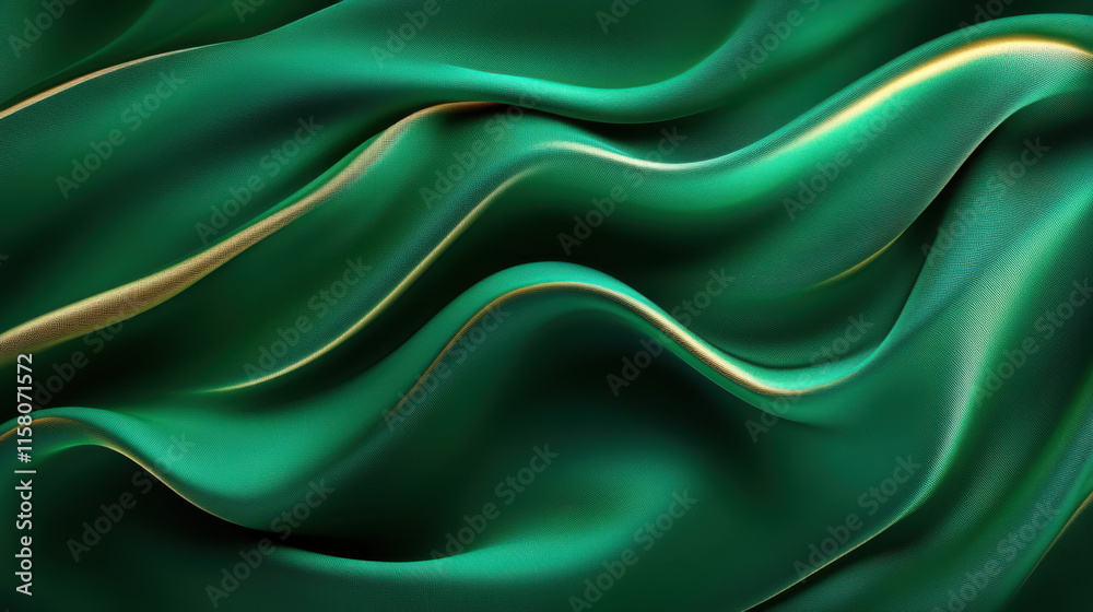 Fototapeta premium A flowing silk fabric texture, shimmering in vibrant emerald green with soft gold accents, illuminated by soft ambient light