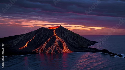 Active Volcano Eruption on Krakatoa Island, Indonesia - Sunset Lava Flow Captured with Extended Exposure photo