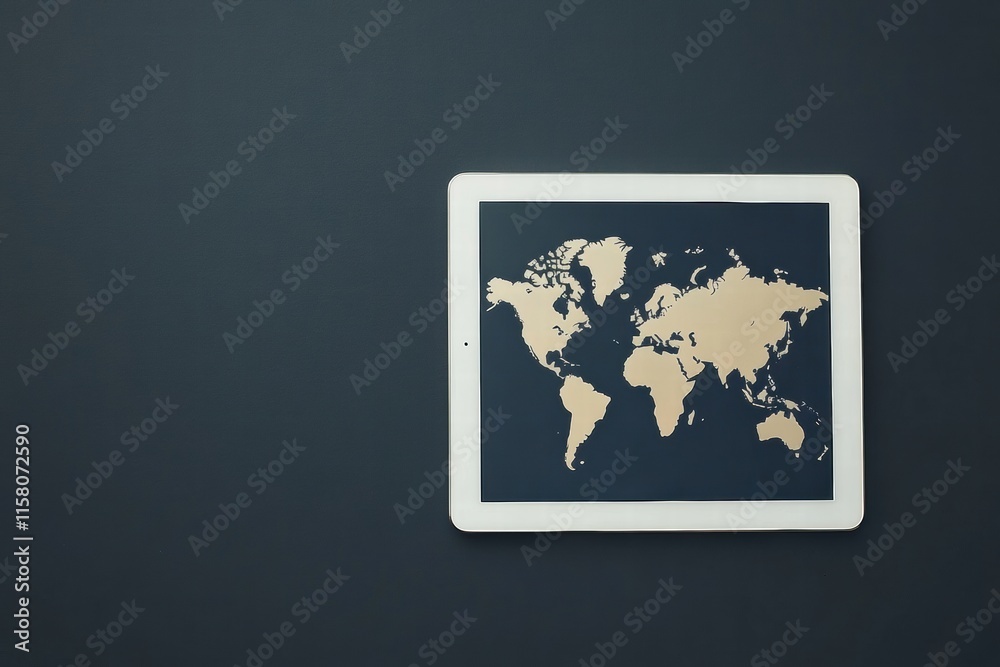Modern flat lay of a tablet with a world map showcasing global connections and travel possibilities. Generative AI Modern flat lay of a tablet with a world map showcasing global connections and travel possibilities. Generative AI
